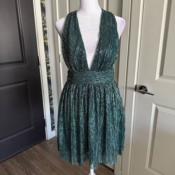 Lulus Ailey Metallic Stripe Twist Back Cocktail Dress in Gold and Teal Size S - Picture 6 of 9
